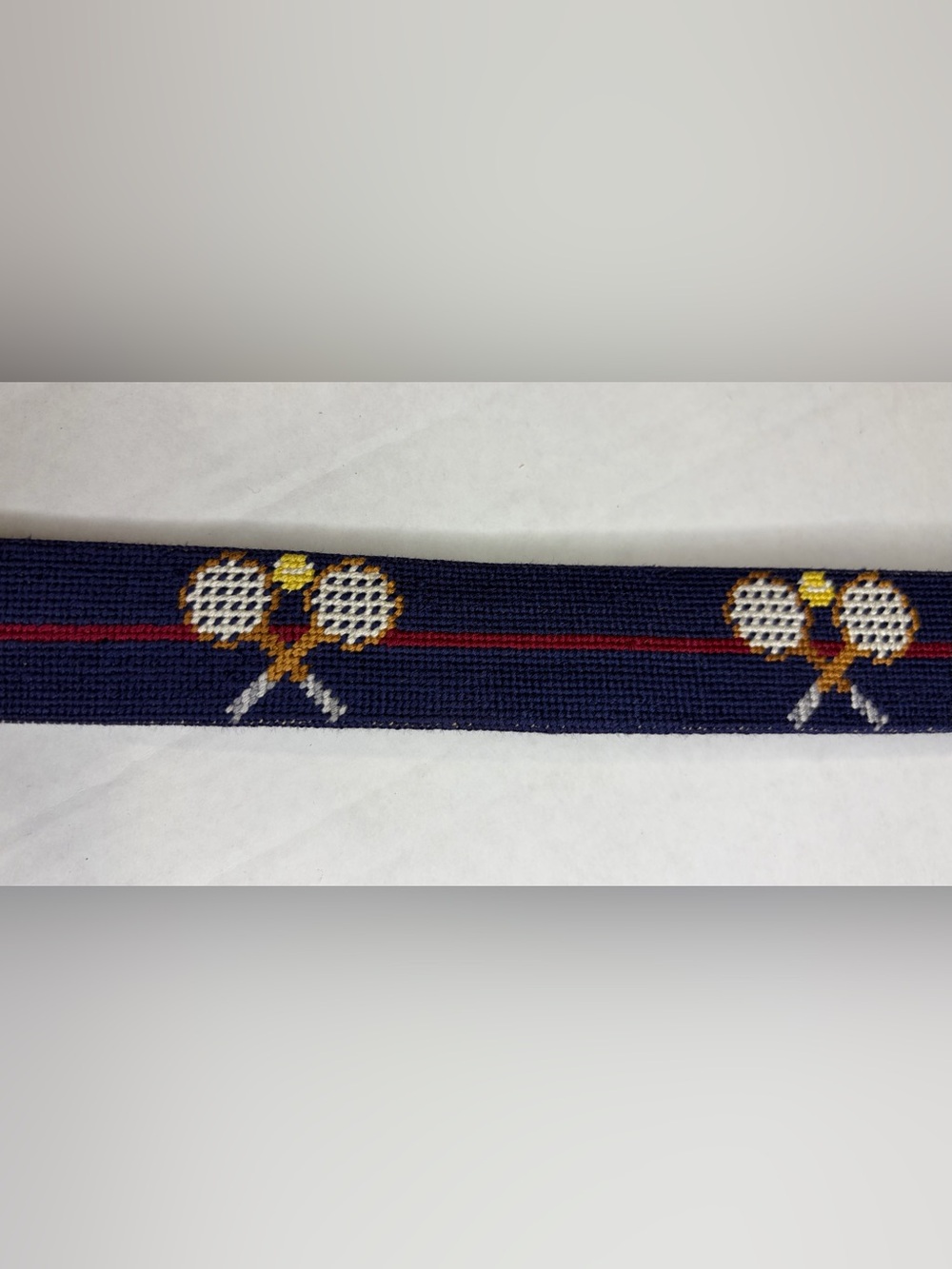 Smathers & Branson Crossed Tennis Racquets Needlepoint Belt Size 32 Navy Brass - Picture 3 of 8